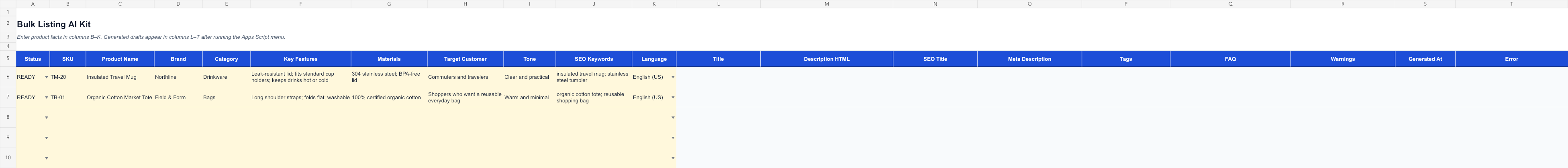 Bulk Listing AI Kit spreadsheet showing two sample product rows and empty generated-output columns